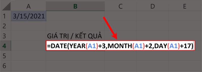 Nhập =DATE(YEAR(A1)+3,MONTH(A1)+2,DAY(A1)+17) vào ô dữ liệu cần nhập.